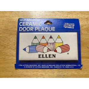 Vintage Retro ELLEN With Colord Pencils Dead Stock Ceramic Name Plaque Wall Sign